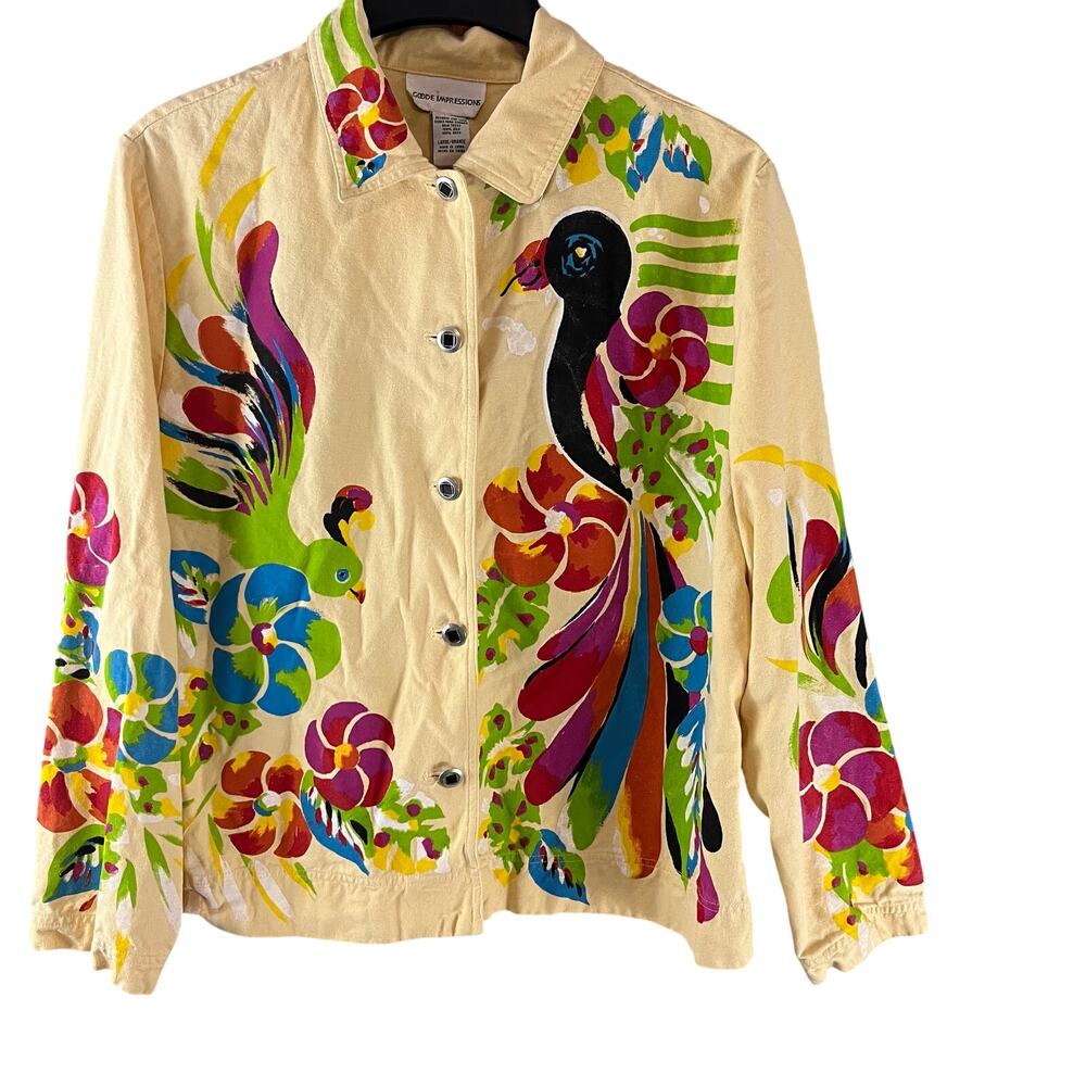 Goode Impressions Sz Large Yellow Silk Bird Print Art To Wear Button Down Jacket